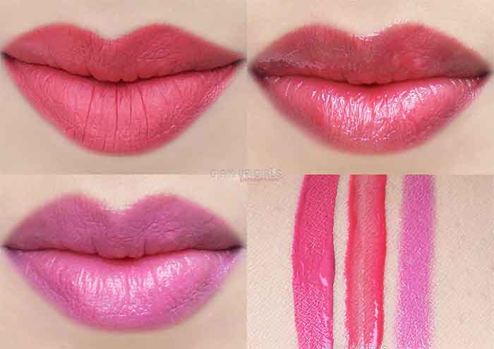 L.A. Colors swatches of Chunky Lip Pencil in Rose, Pout Lip Gloss Matte in Delectable and Super Shine in Juicy