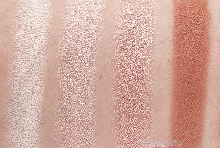 Swatches of Humble, Charmer, Beaming and Toasty from Sigma Beauty Warm Neutrals Volume 2 Eyeshadow Palette