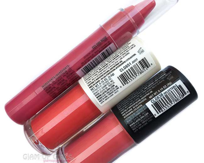 L.A. Colors Chunky Lip Pencil in Rose, Pout Lip Gloss Matte in Delectable and Super Shine in Juicy