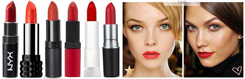 Best Red Lipstick for Light or yellow tone fair skin. L to R:NYX in Pure Red, Kat Von D Studded Lipstick in Countess, Rimmel Kate Lasting Finish Lipstick 12, Rimmel Kate Matte Lipstick in Kiss of Life, Maybelline Sensational Vivids in Infra-Red, MAC Lady Danger
