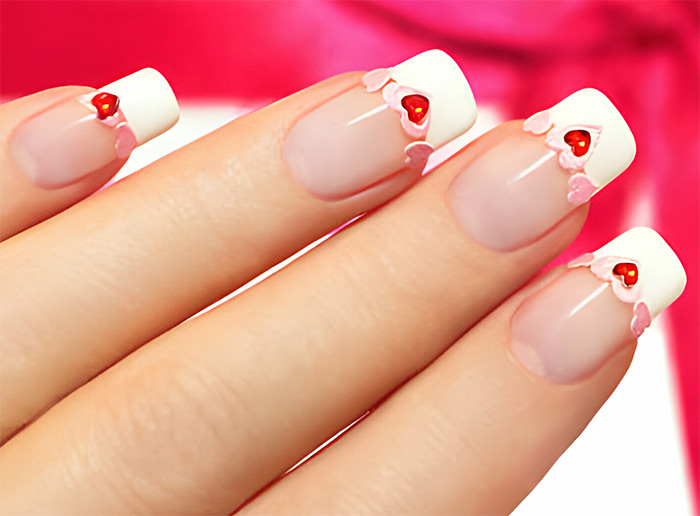 French Tip with Hearts and Rhinestones Nails