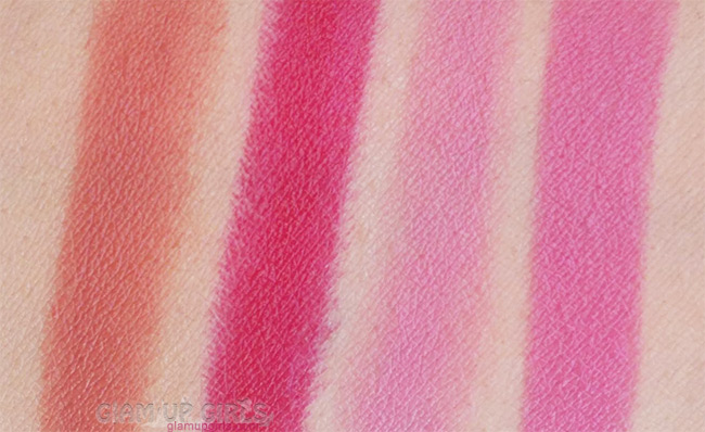Jordana Matte Lipsticks in Terra cotta, Rouge, Pink Passion and Blushed Swatches