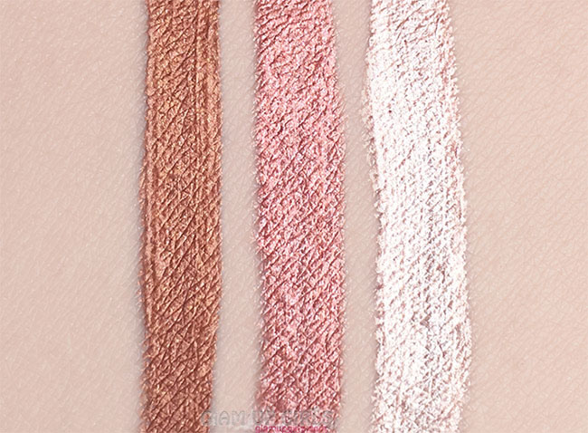Swatches of Absolute Pure Metal Veil Fluid Eyeshadow in Blingin Bronze, Copper Glitz and Champagne
