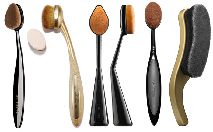 Dupes of Artis Brush left to right Missha Professional Oval, Etude House My Beauty Tool Secret Brush 121, Etude House My Beauty Tool Secret Brush 121, MAC Master Class Brush Oval 6 and Besame Boudoir Short Hair Contour Brush