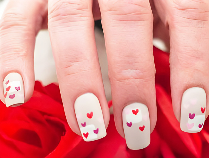 Greay and White Nails with Red Hearts