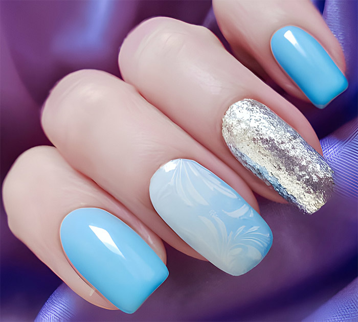 Glitter, white and blue nails