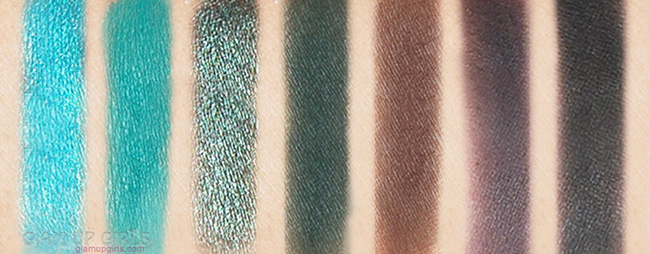 Morphe X Jaclyn Hill eye shadow palette swatches 5th row L-R: Pool Party, Jada, Diva, Enchanted, Central Park, Soda Pop, Abyss