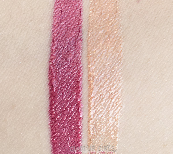 Swatches of ColourPop Ultra Glossy Lips in Wolfie and Contessa