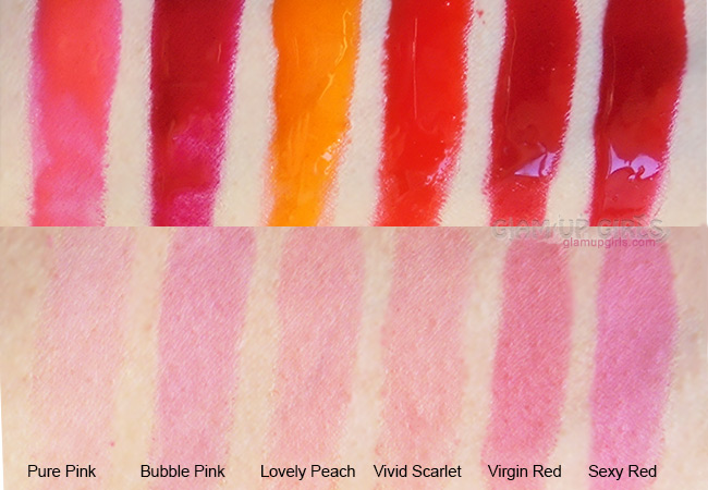 Berrisom My Lip Tint Pack swatches of Pure Pink, Bubble Pink, Lovely Peach, Vivid Scarlet, Virgin Red, Sexy Red