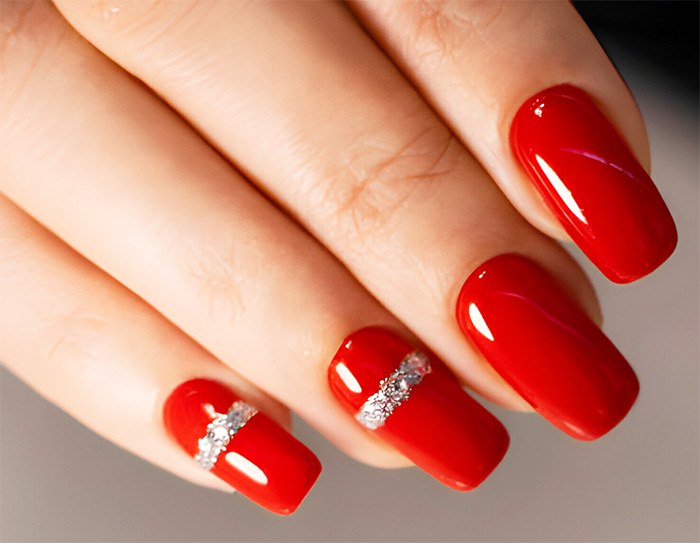 Red Nails with Rhinestones