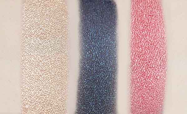 Kiko Milano Water Eyeshadow in 208 Light Gold, 215 Midnight Blue and 218 Grapefruit Pink Swatches
