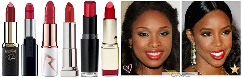 Best Red Lipstick for Caramel or Bronze Skin. L to R: L'Oreal Colour Riche Jlo's Red, L'oreal Infallible Le Rouge Ravishing Red, MAC Riri Woo, Maybelline Color Sensational Lip Color Very Cherry, Wet N Wild Lipstick Red Velvet, Milani Color Statement Lipstick in Cherry Crave