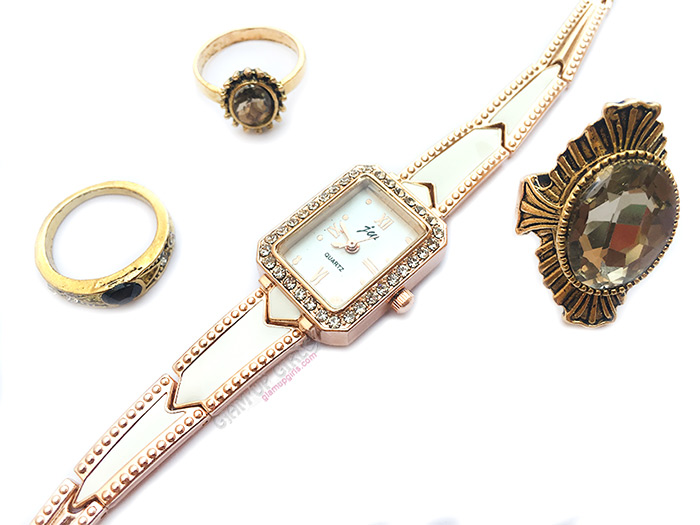Antique Vintage Gold Midi Rings and Ladies Rhinestone Stainless Bracelet Quartz Wrist Watch from Tosave