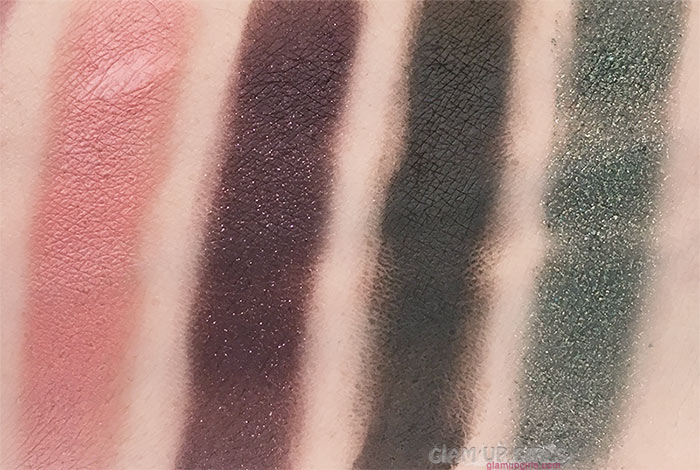 Swatches of Passion fruit, Russet, After Hours and Fool's Gold from Sigma Beauty Warm Neutrals Volume 2 Eyeshadow Palette