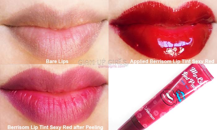 Berrisom Lip Tint Sexy Red before and after application