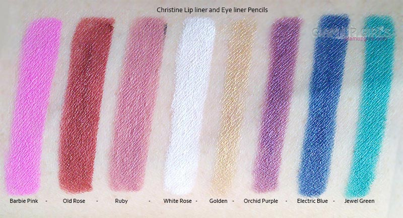 Christine Lip liner and Eye liner Pencils swatches from left to right, Barbie Pink - Old Rose - Ruby - White Rose - Golden - Orchid Purple - Electric Blue - Jewel Green